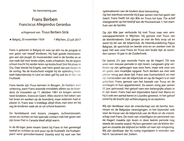 Tekst bidprentje Frans Berben