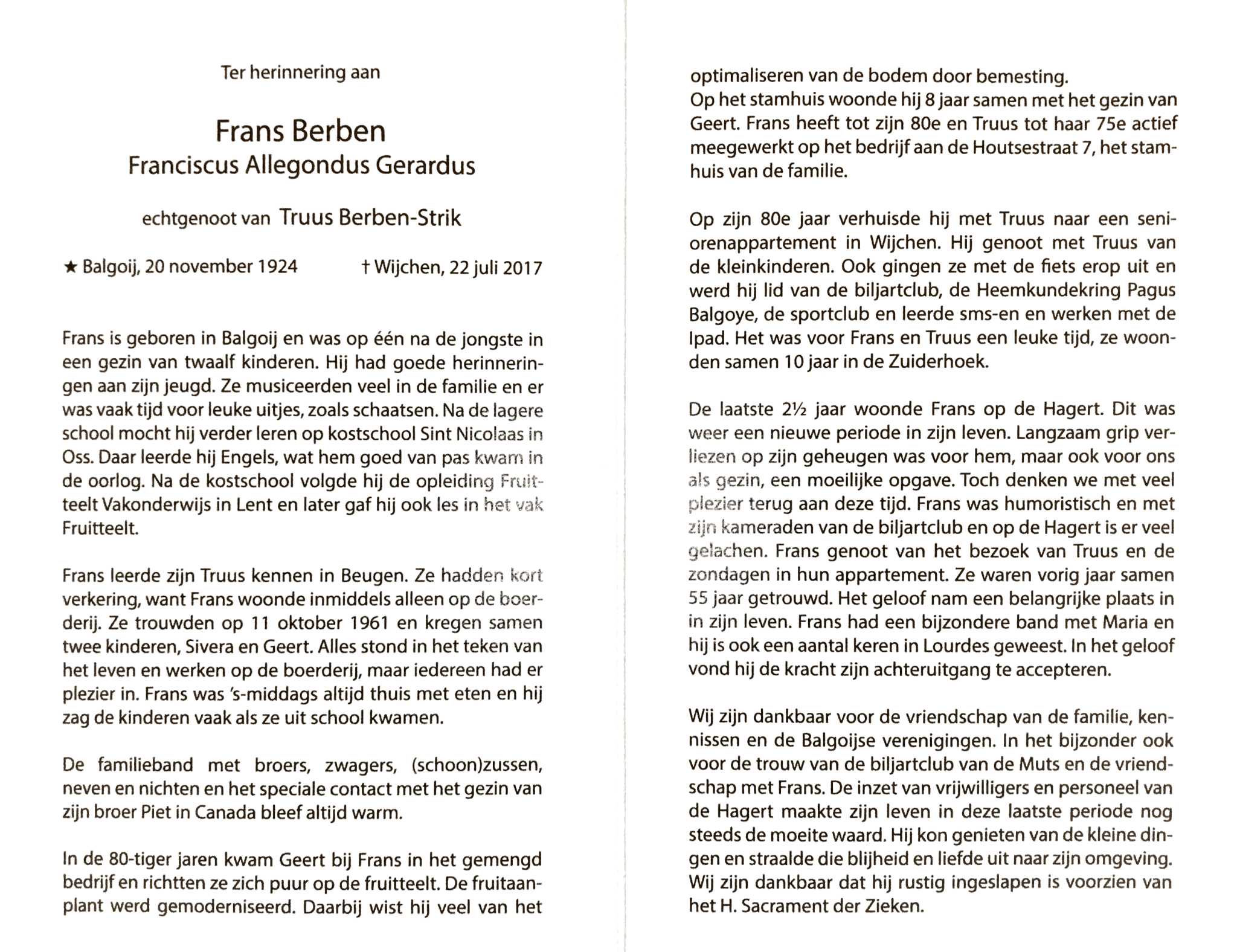 Tekst bidprentje Frans Berben